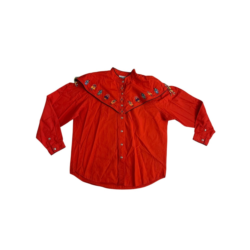 Westbound Casual Red Cotton Southwestern Embroidered Beaded Tassel Shirt Large